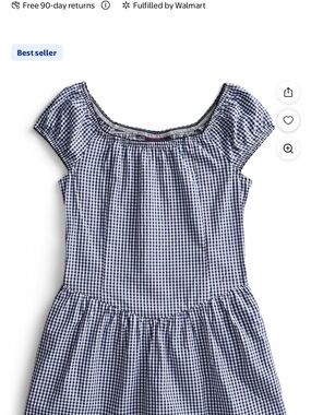 Girls Navy Gingham Off-Shoulder Casual Dress